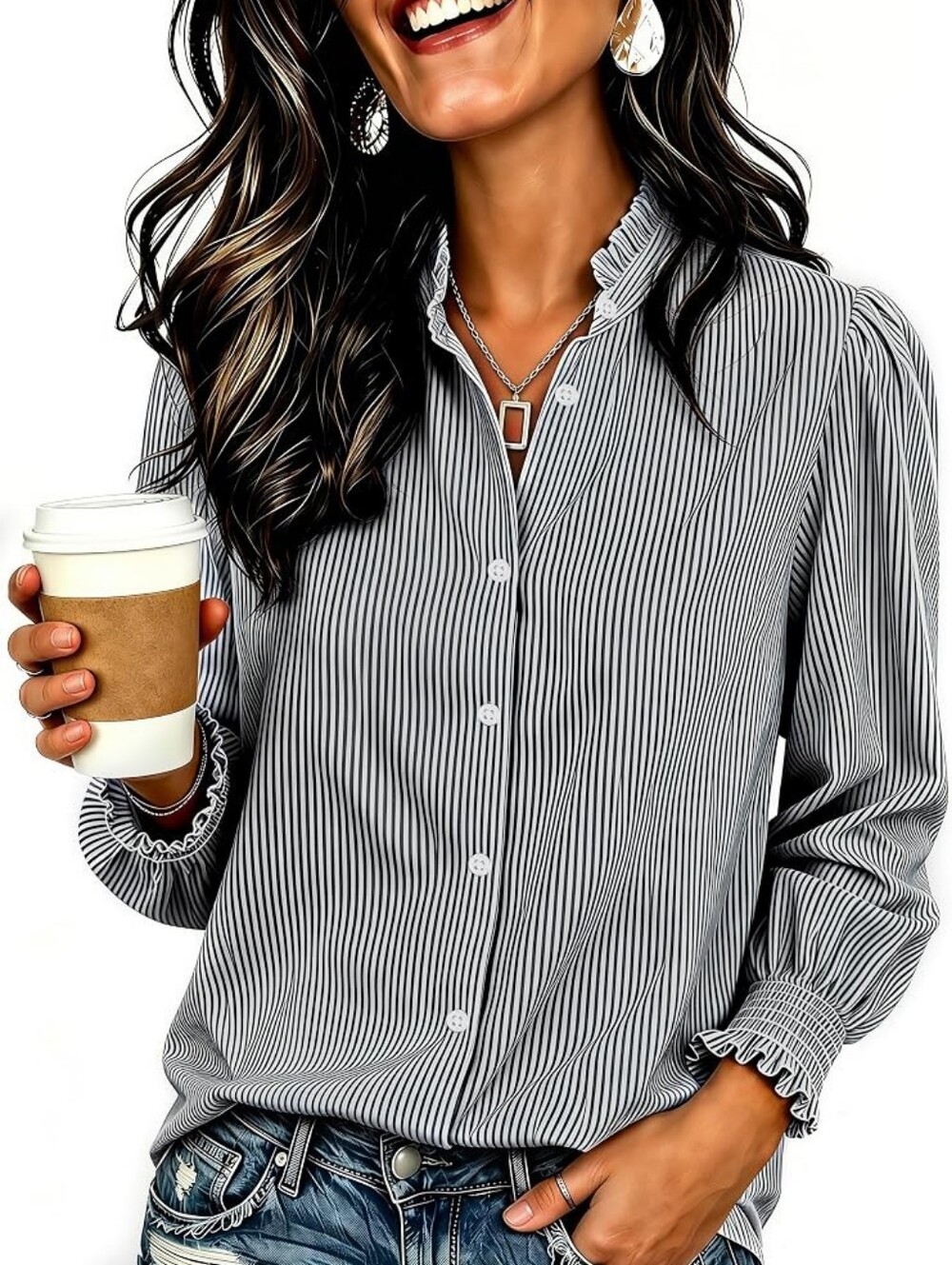 Women's Black & White Stripe Ruffle Collar Button-Up Top